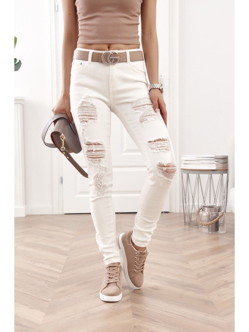 Tailored jeans with holes, cream 015 - Online store - Boutique